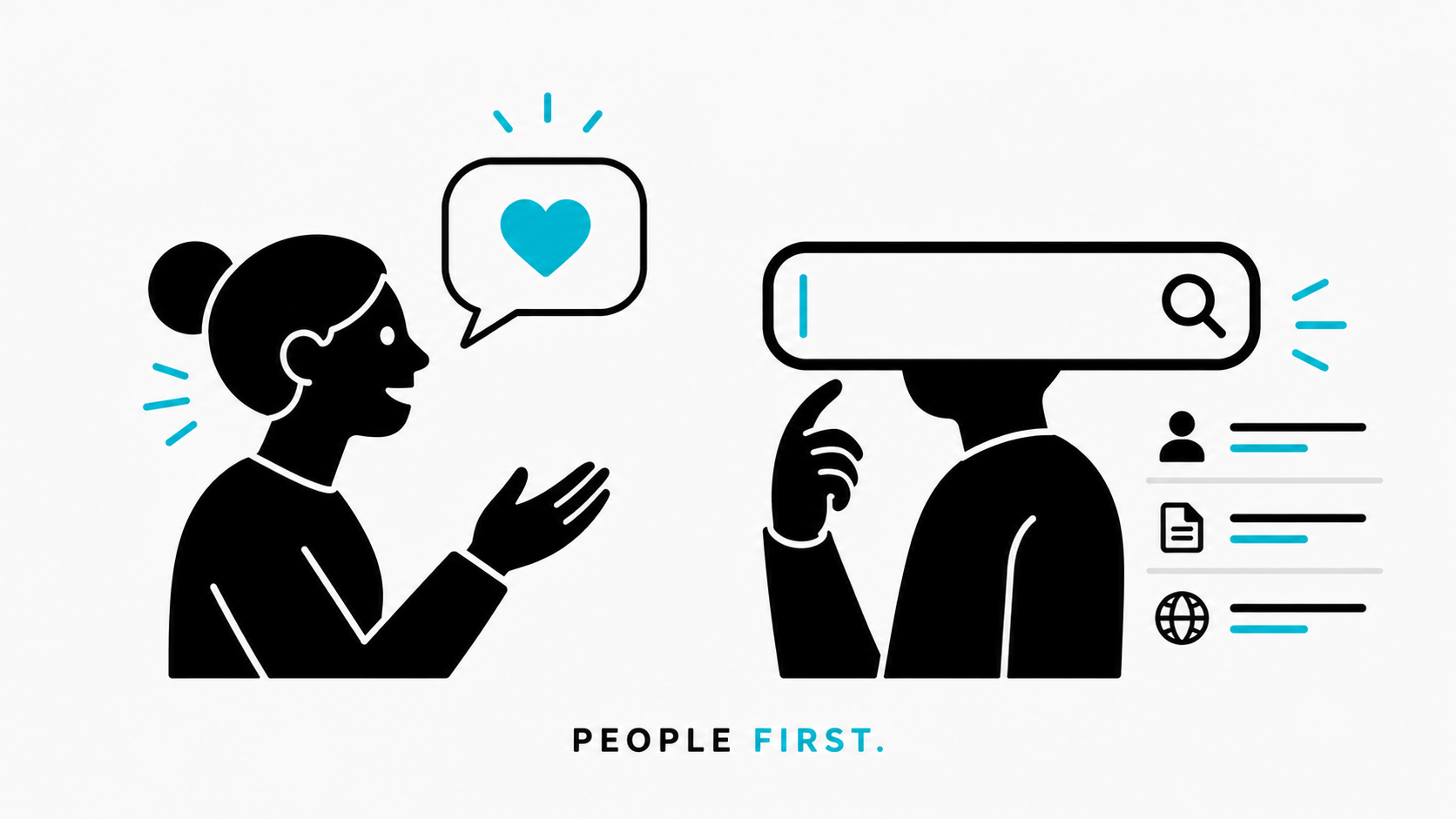 Two people communicate beside a search bar, with a cyan heart emphasizing that people should come first.