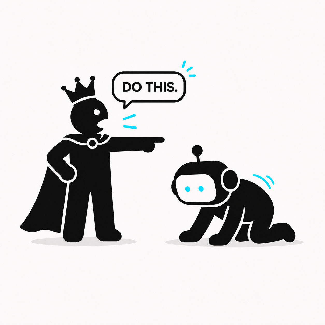 A pictogram of a crowned user ordering a kneeling chatbot to obey.