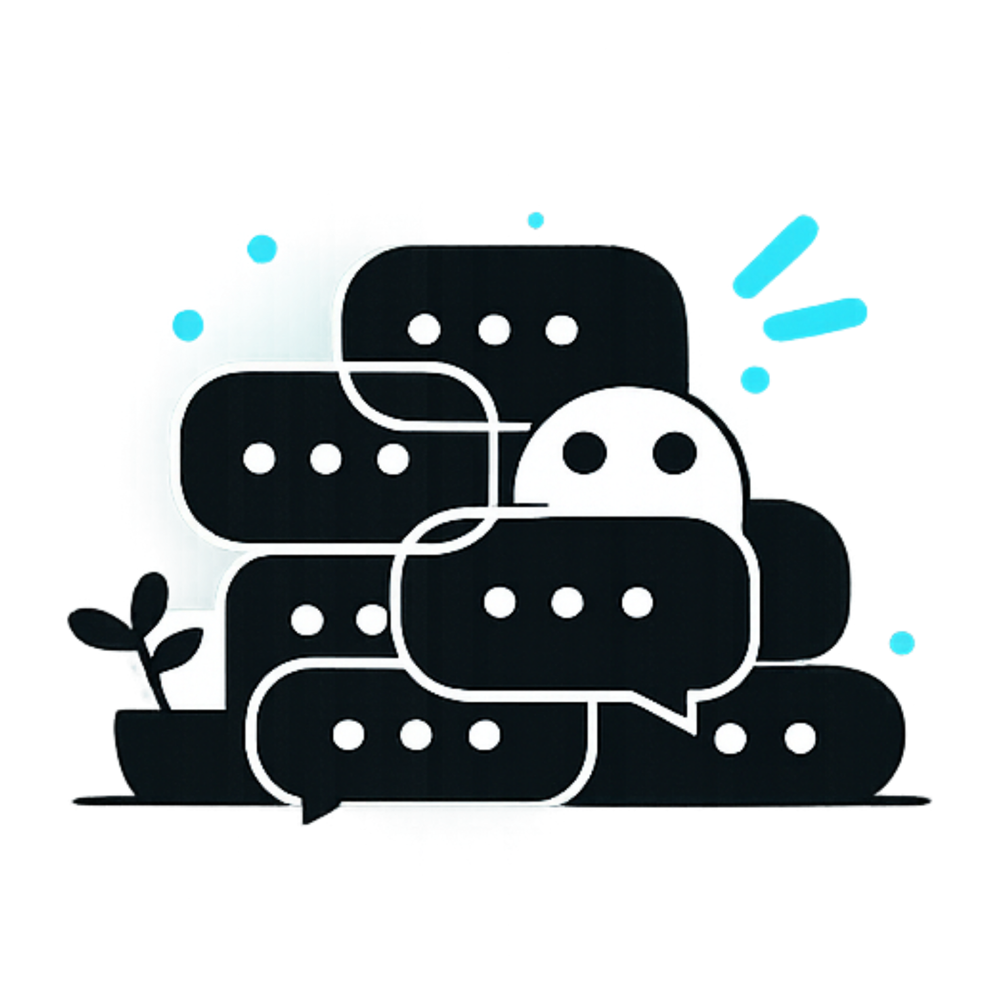 A pictogram of stacked chat bubbles with cyan accent marks.