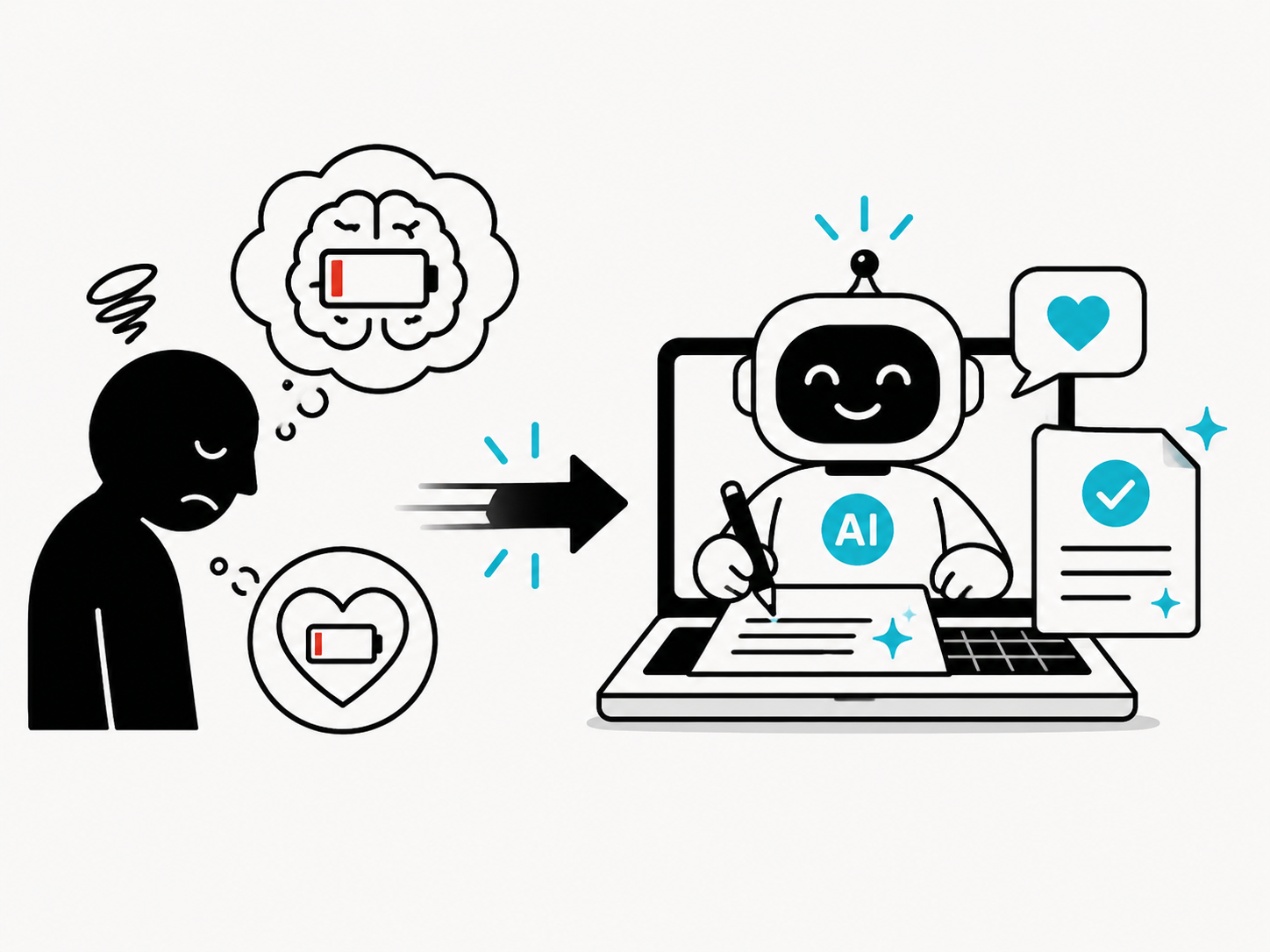 A pictogram of a tired person with low battery brain and heart icons handing emotional writing to an AI assistant.