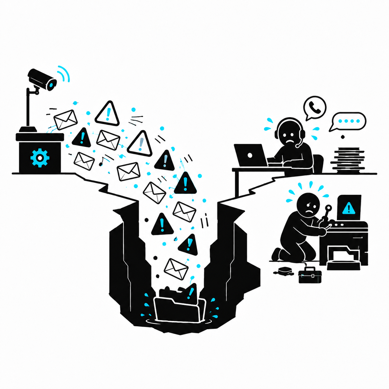 Security alerts pour into a neglected abyss while overloaded workers handle calls, documents, and printer repairs.