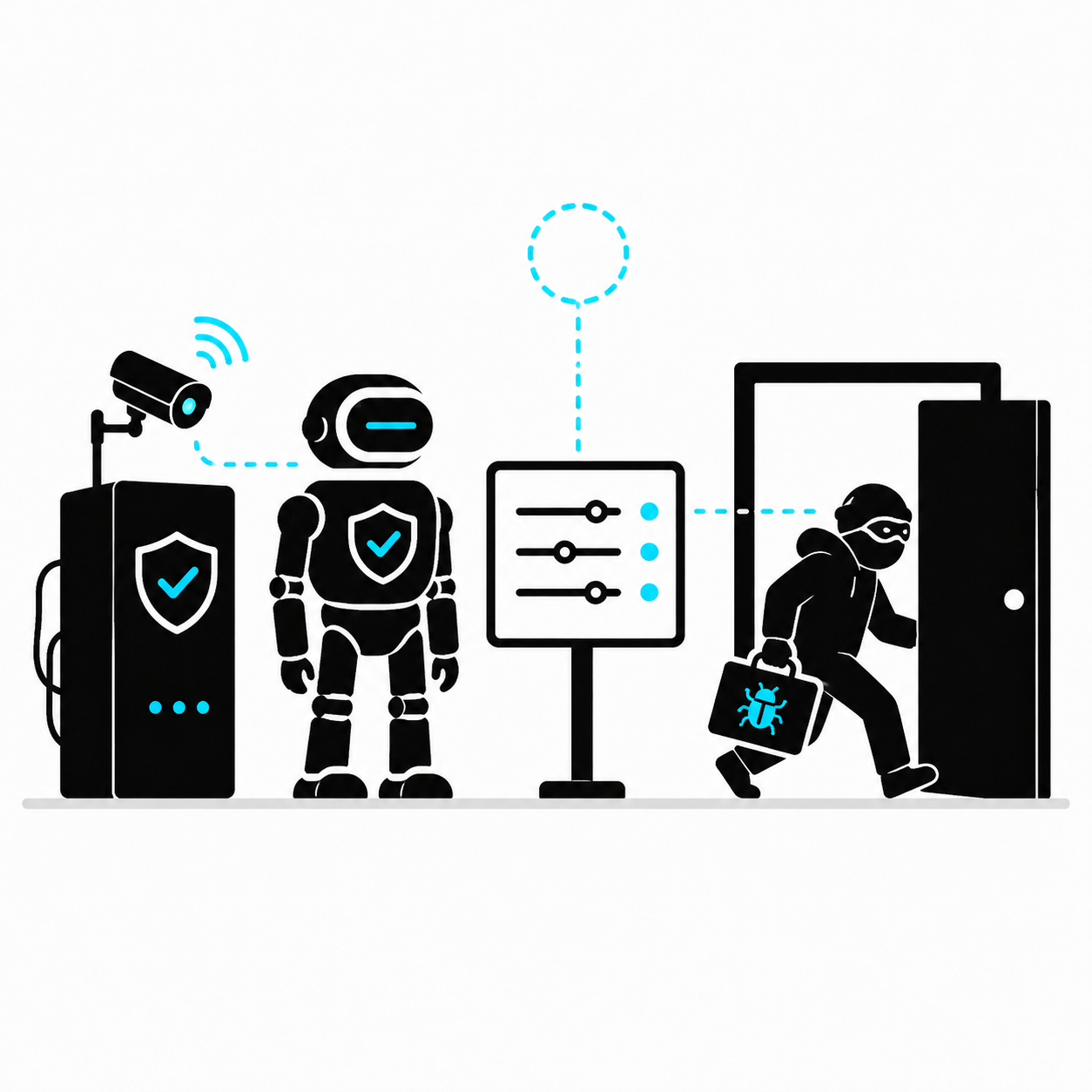 A sophisticated security system stands beside default settings while an intruder slips through an open door.