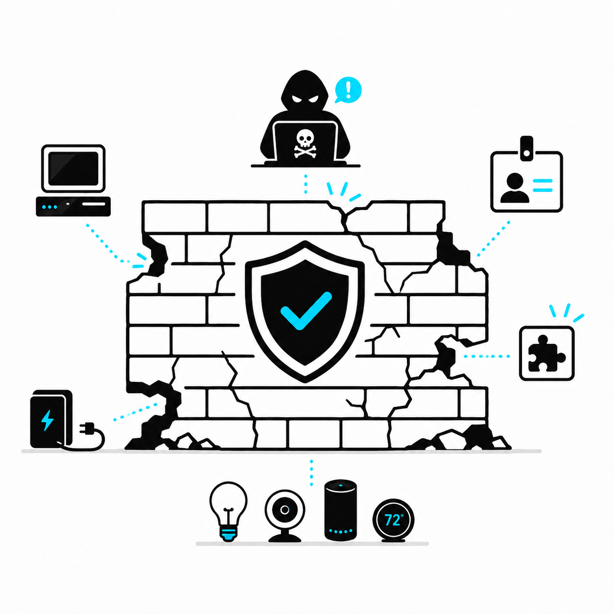 A cracked security wall is weakened by legacy systems, stale access, old devices, and accumulated exceptions.