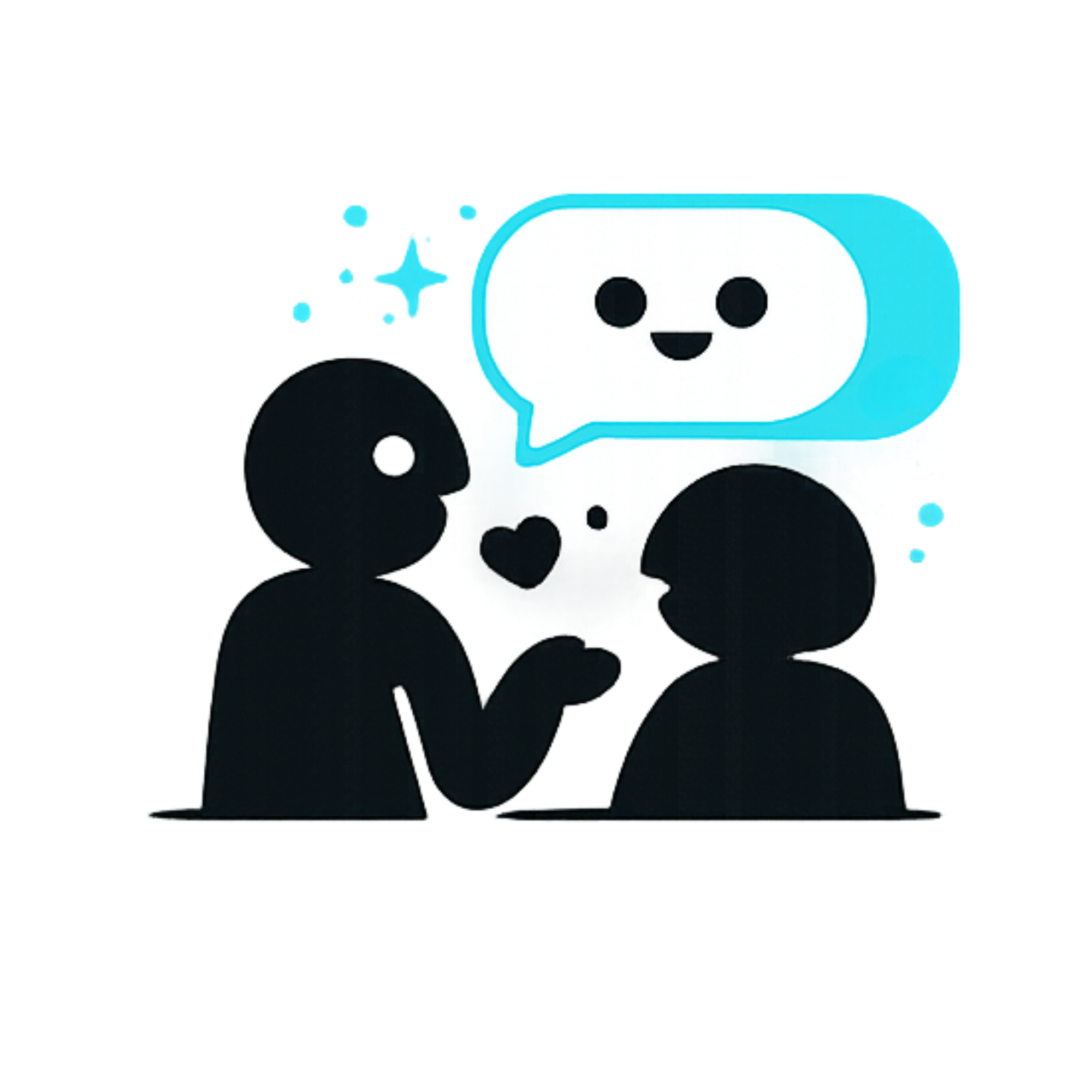 A pictogram of a person talking with a friendly AI chat bubble.