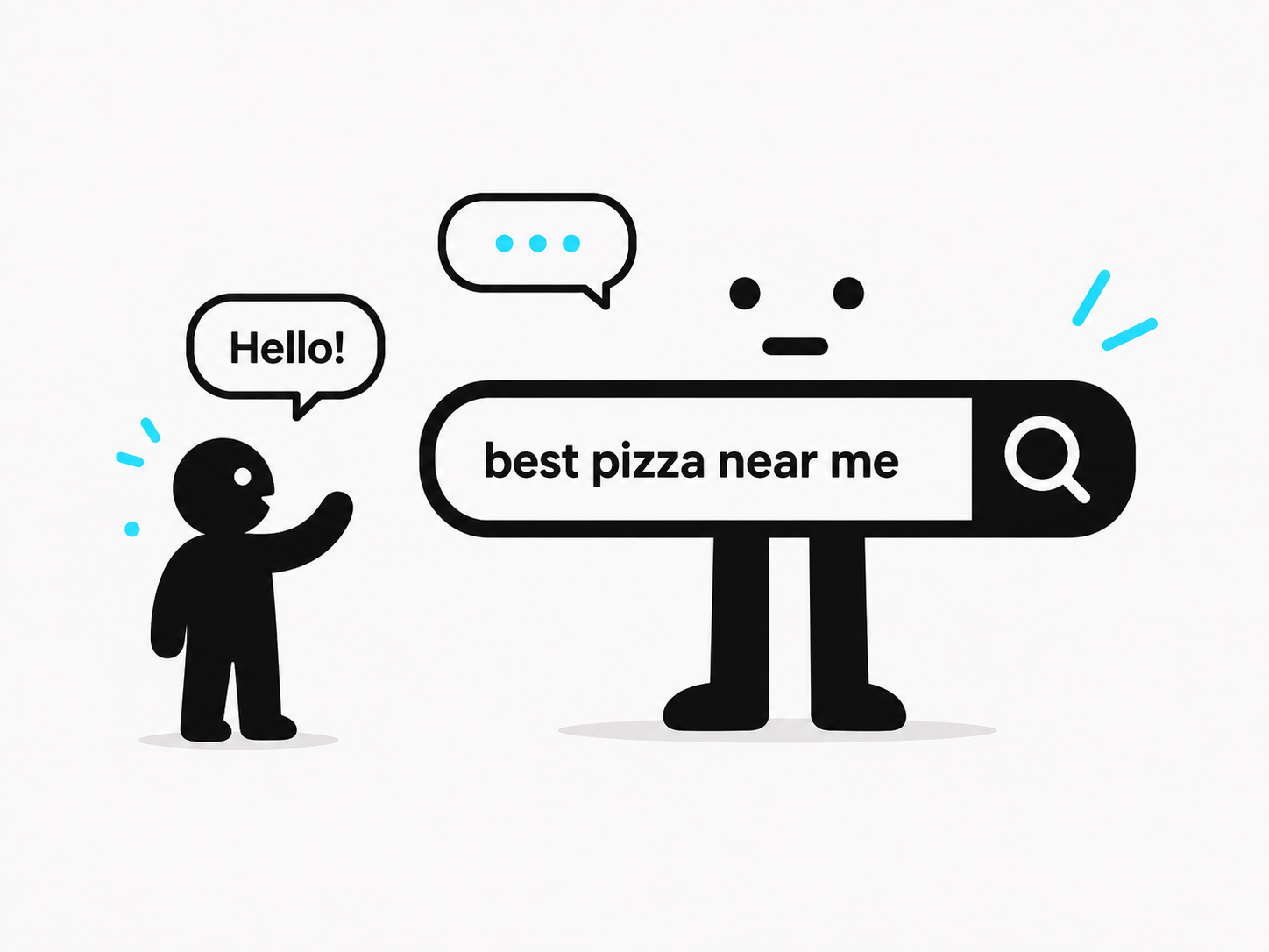 A pictogram of a person politely saying hello to a search bar that only understands direct queries.