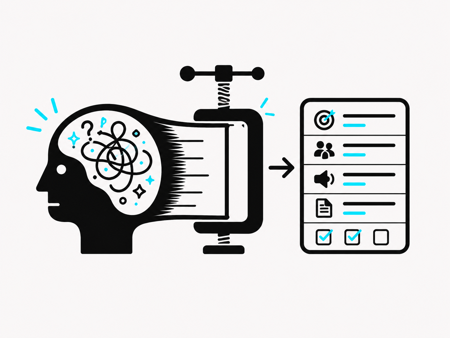 A pictogram of a messy human brain being compressed into a structured task checklist.